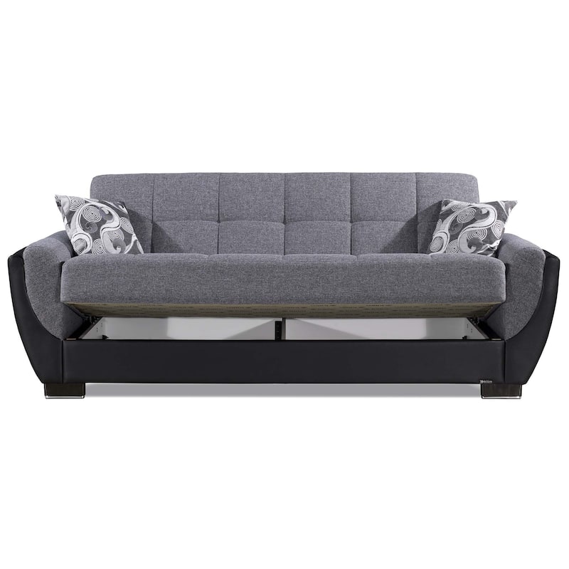 HomeRoots 93" Black And Gray Chenille And Faux Leather Convertible Futon Sleeper Sofa With Toss Pillows And Storage