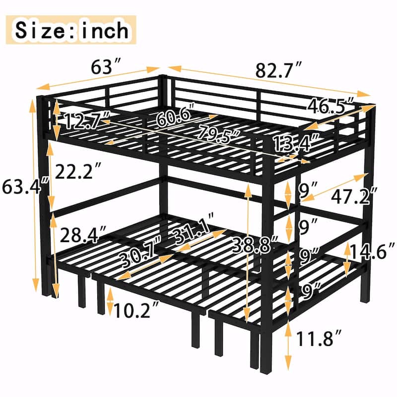Pull-Out Bunk Bed with Three-Section Lower Bunk and Safety Rails on Top Bunk