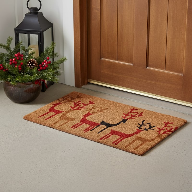 HomeRoots 17" X 29" Brown Red And Black Christmas Deer Outdoor Coir Door Mat - 17.00' X '29.00 - 17.00' X '29.00