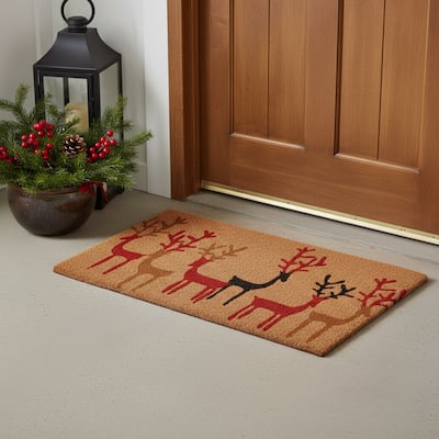 HomeRoots 17" X 29" Brown Red And Black Christmas Deer Outdoor Coir Door Mat - 17.00' X '29.00