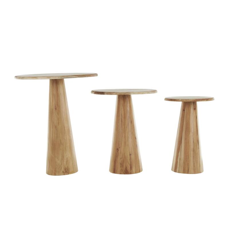 Brown or Light Brown Wood Side End Accent Table with Natural Wood Grains and Cone Shaped Bases (Set of 3)