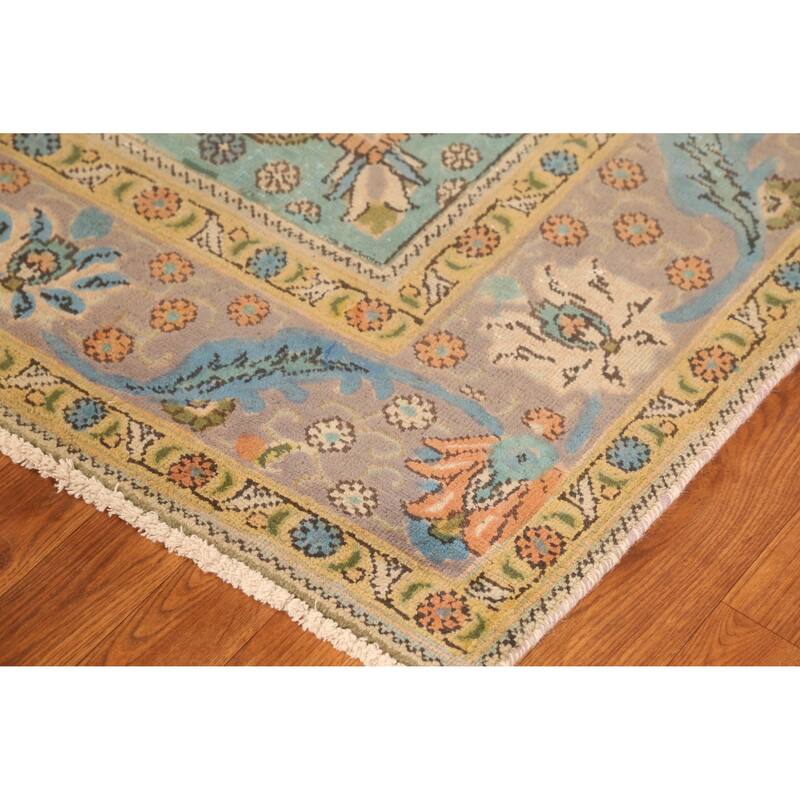 Hand Knotted Oriental 100% Wool Carpet Traditional Floral Navy Blue & Blues Tabriz Area Rug - 9' 10'' X 6' 7''