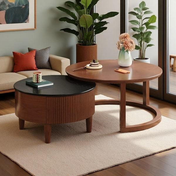 slide 2 of 9, 2-Piece Fluted Nesting Coffee Table Set with Hidden Drawer by Harper&Bright Designs Walnut