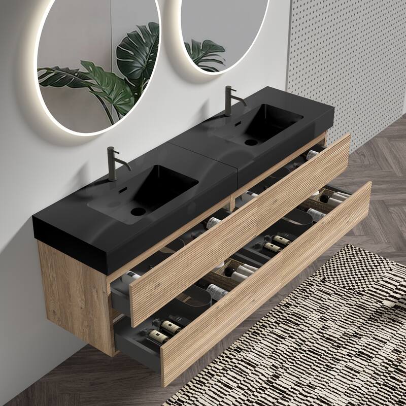 GDFStudio - Grace Wall-Mounted Bathroom Vanity with Engineered Quartz Sink & Soft Close Drawers, without Drainage and Faucet