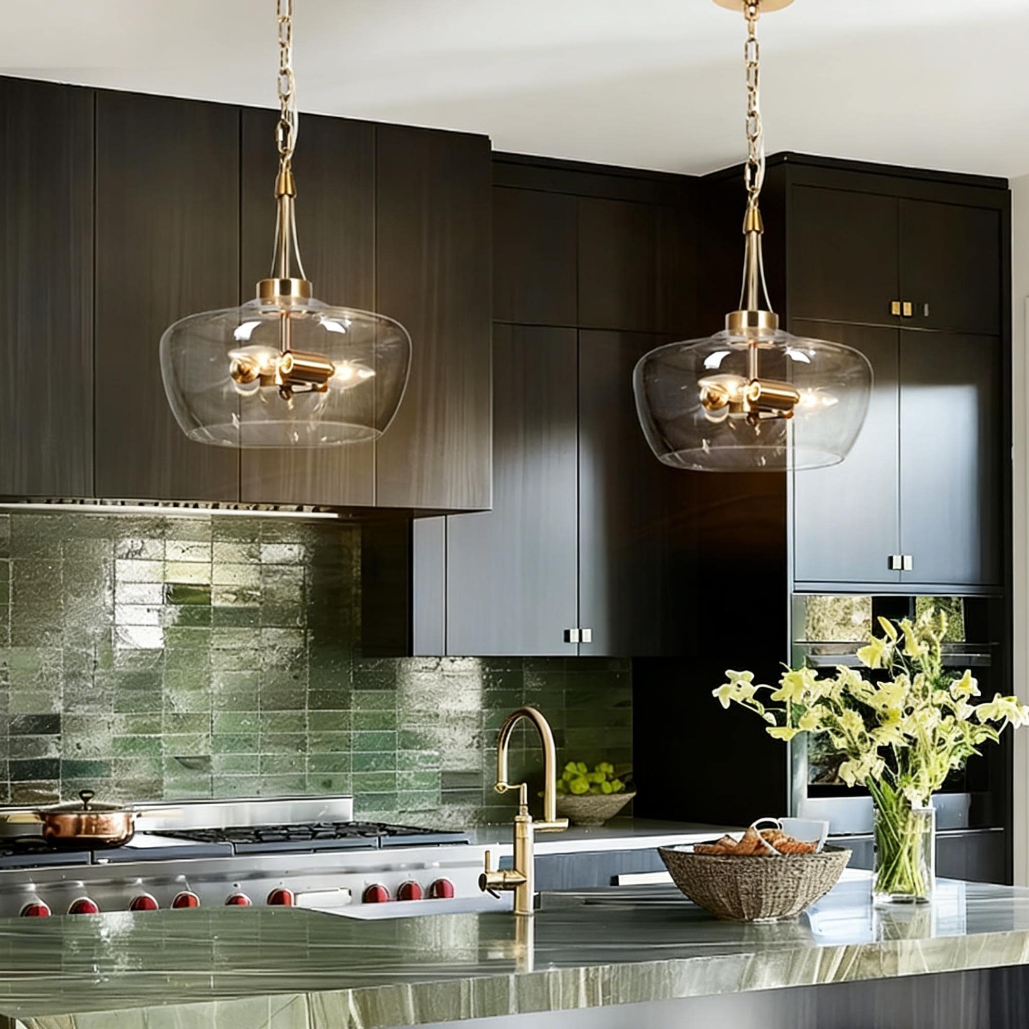 Mid-Century Modern 3-Light Gold Chandelier Clear Glass Pendant Lights for Dining Room