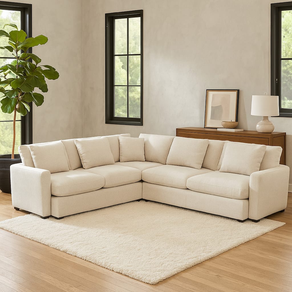 Arcy 3pc Sectional Sofa w Square Corner Chair, 5 Pillows, Cream White