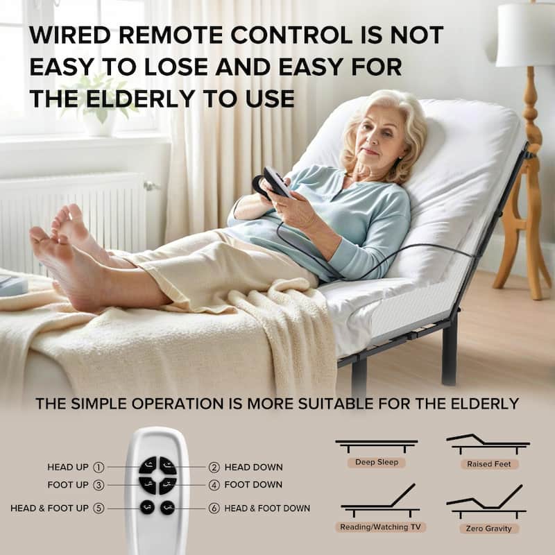 Zero-Clearance Adjustable Bed Base Frame Head and Foot Incline Quiet Motor Queen Size Zero Gravity, Dual USB A+C Ports