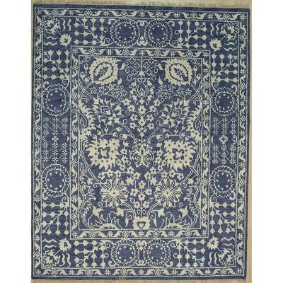 Handknotted Wool/Bamboo Silk BLUE Traditional Geometric Agra Rug - 8' x 10'