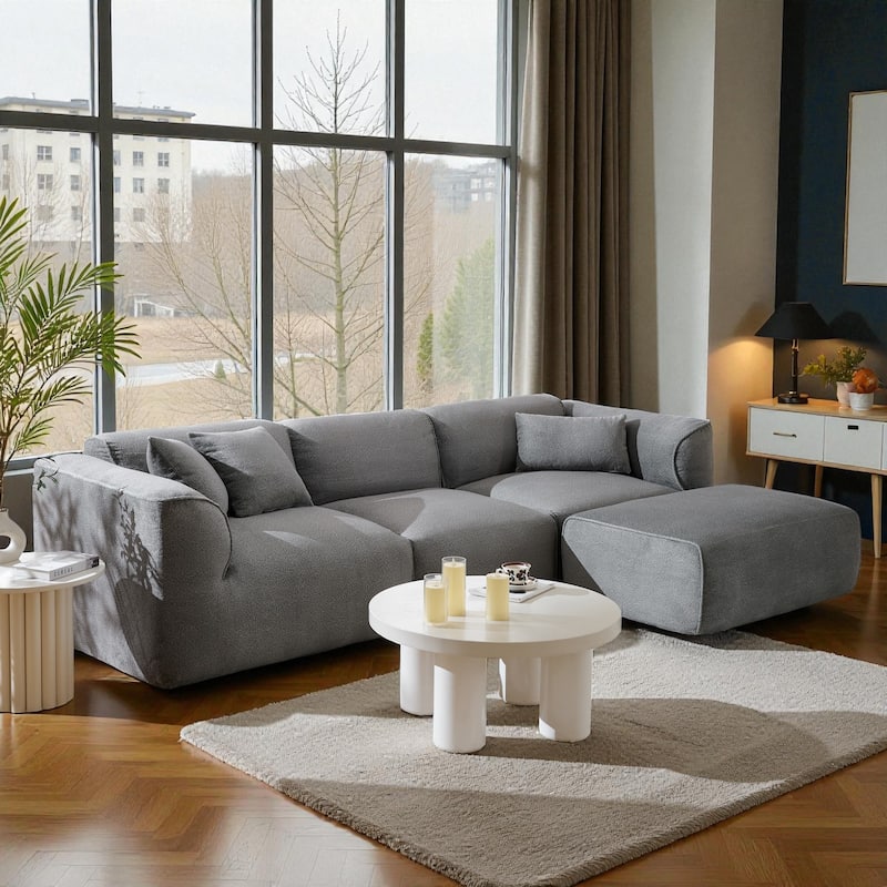 122" Luxury Velvet 4-Seater Sofa with Pure Sponge Cushions, Detachable Ottoman and 3 Throw Pillows for Living Room - Grey