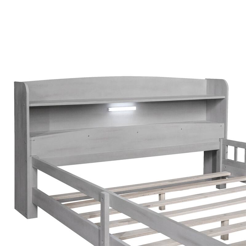 Multifunctional Wood Platform Bed, Twin/Full with LED Headboard Light & Storage