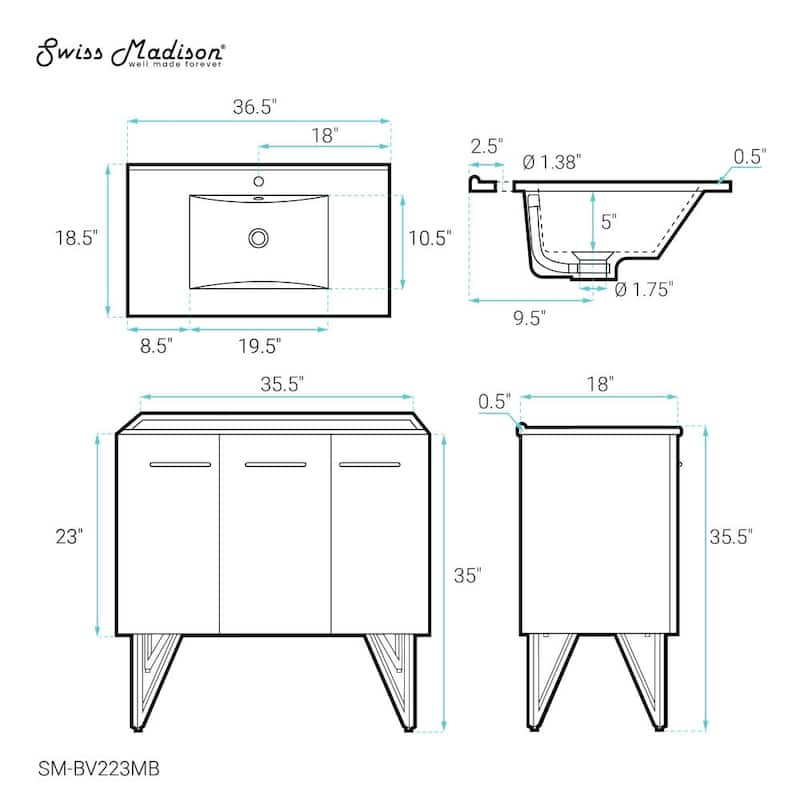 Swiss Madison SM-BV223MB Annecy 36" Free Standing Single Basin Vanity