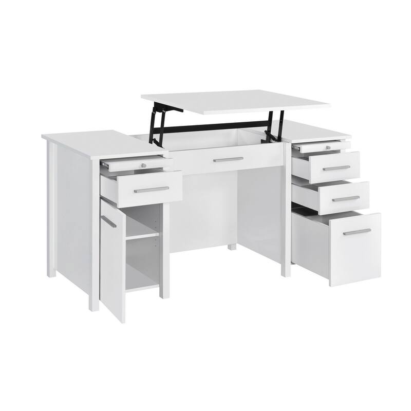 Wim 60 Inch Lift Top Office Desk, 4 Drawers, 2 Pull Out Trays, Glossy White