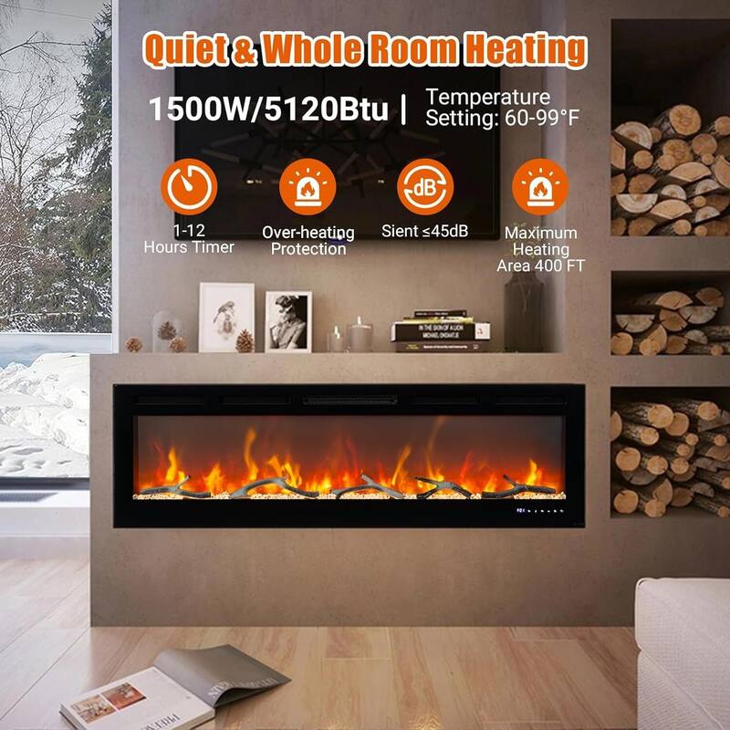 Recessed or Wall Mounted Electric Fireplace, WiFi & Alexa, Led Touch Screen