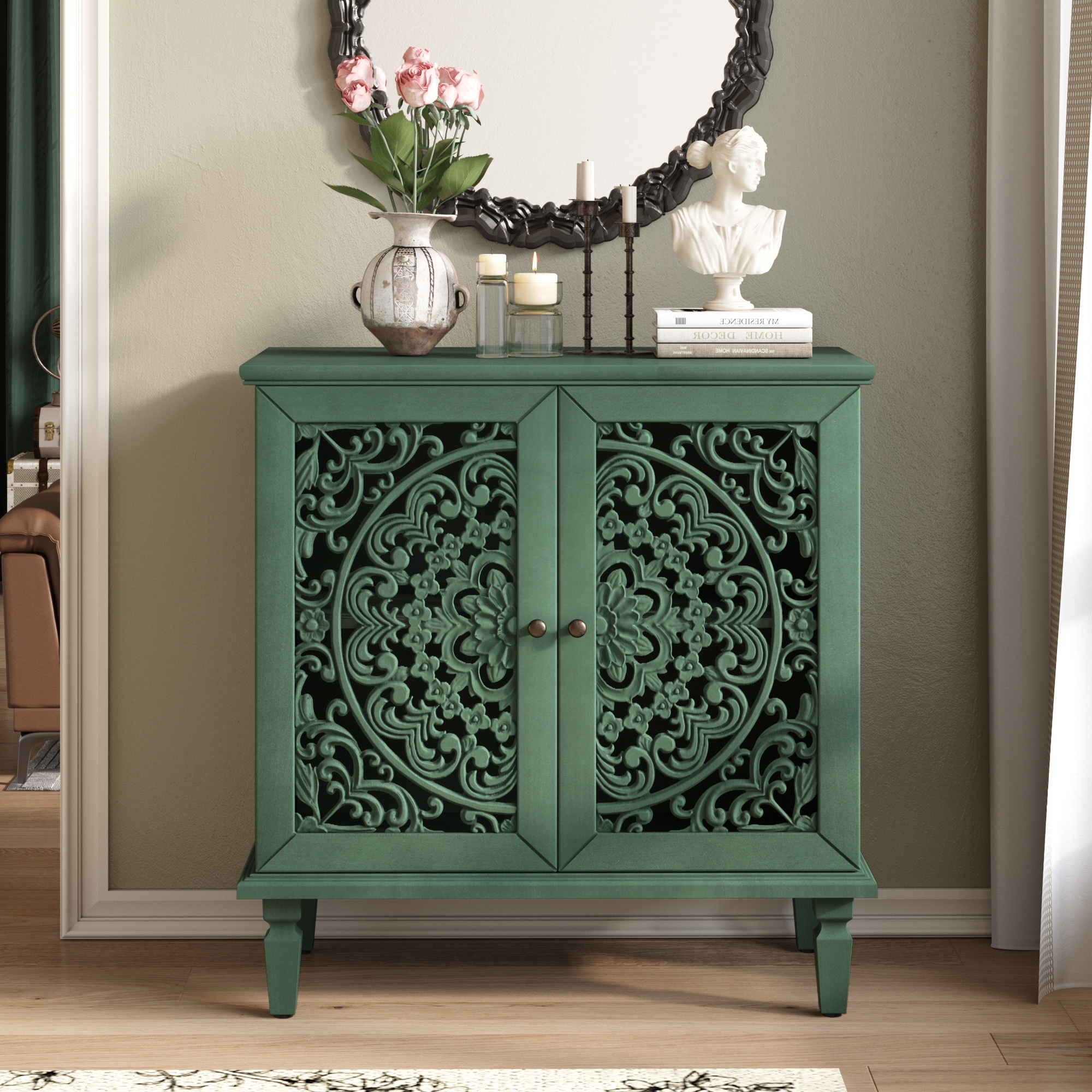 Vintage Hollow-Carved Accent Cabinet, 2-Door Display Storage Sideboard with Symmetrical Floral Design,Adjustable Shelf