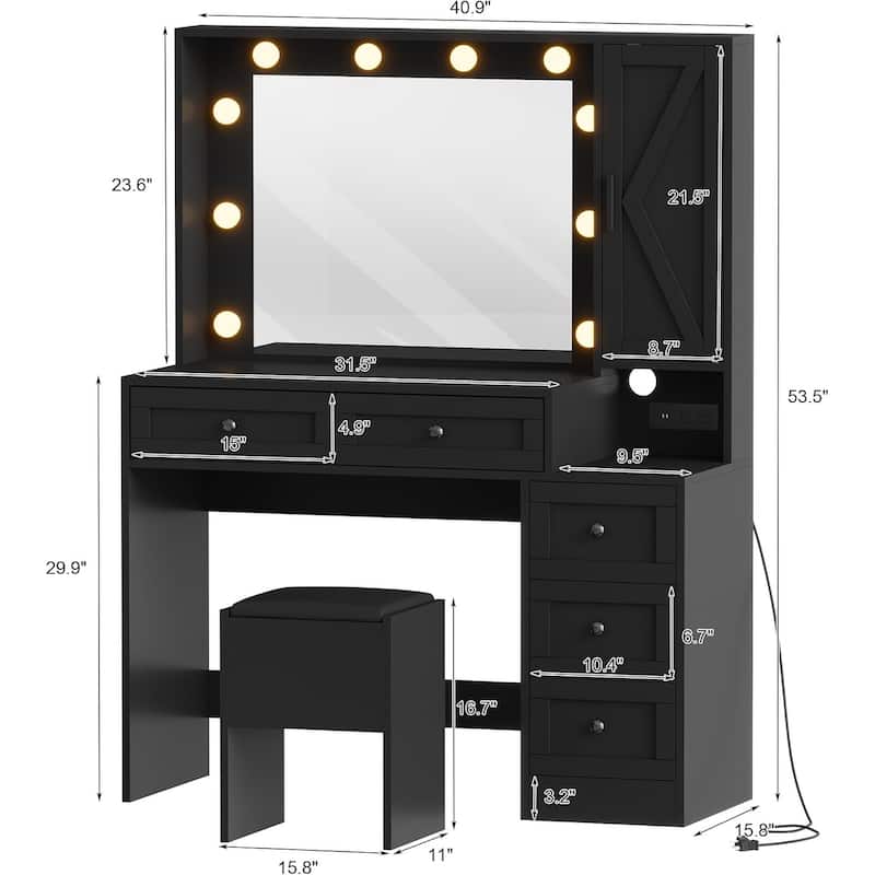 Makeup Vanity Desk and Stool,Vanity Table Set with Charging Station, Drawers and Hidden Storage Shelves