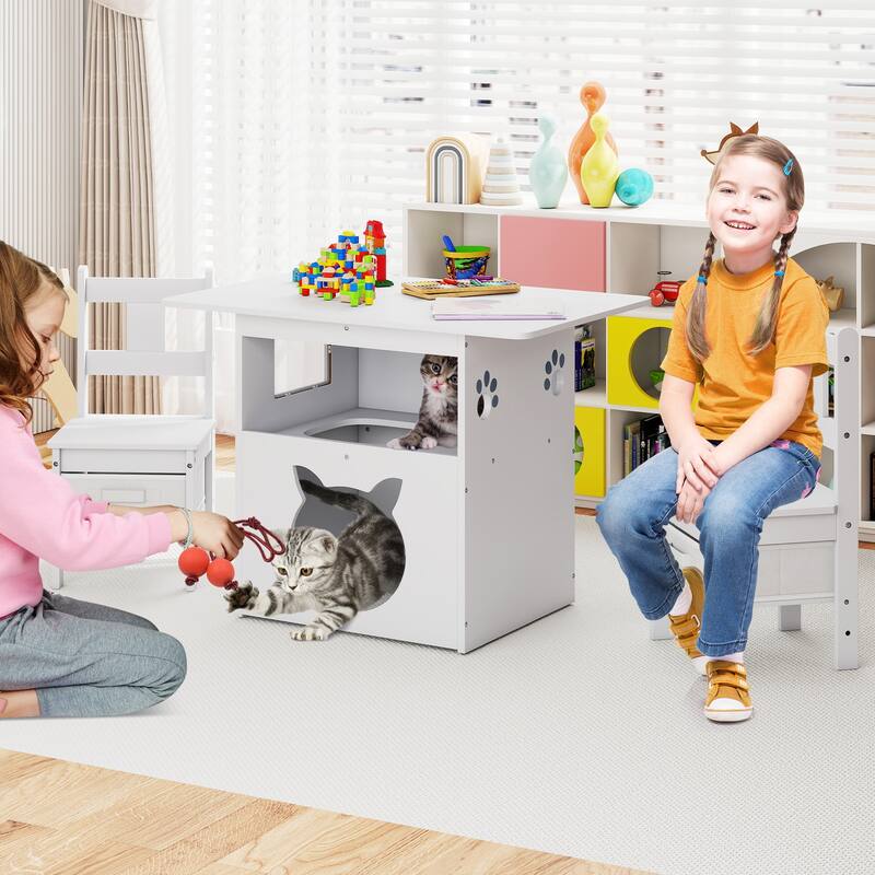 White Kids Table and Chair Set with Storage Bins Cat Shaped 2 in 1 Play and Study Furniture for Playroom or Bedroom
