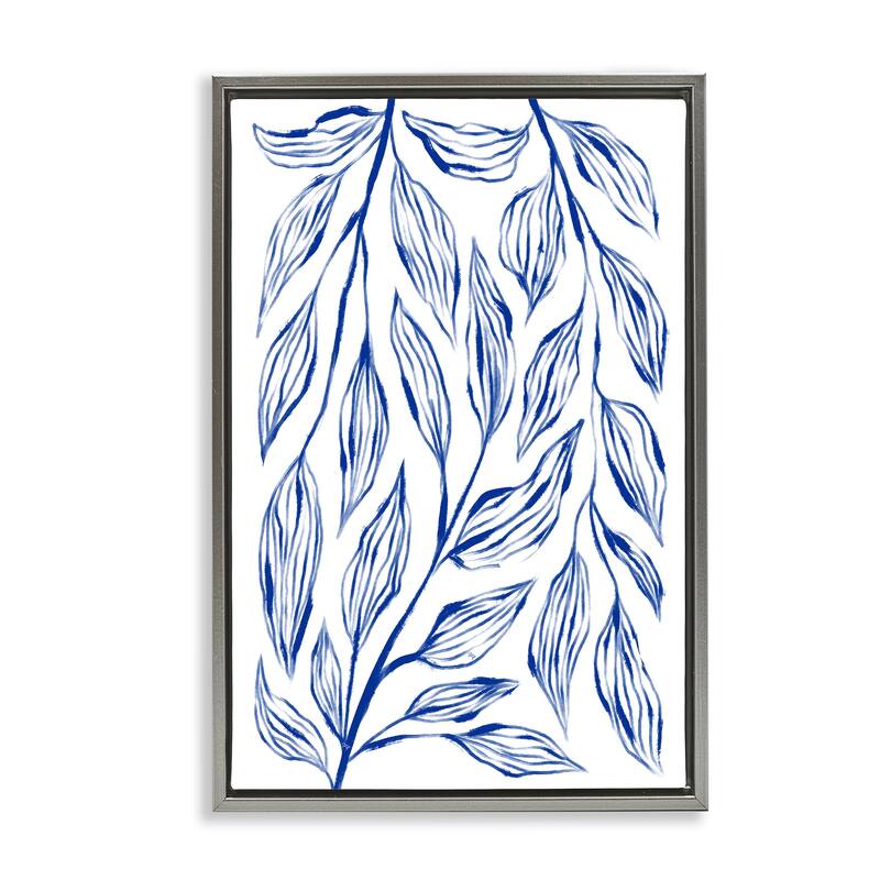 Stupell Simple Blue Leaves on White Framed Floater Canvas Wall Art Design By Martina Pavlova - 17 x 25 - Grey