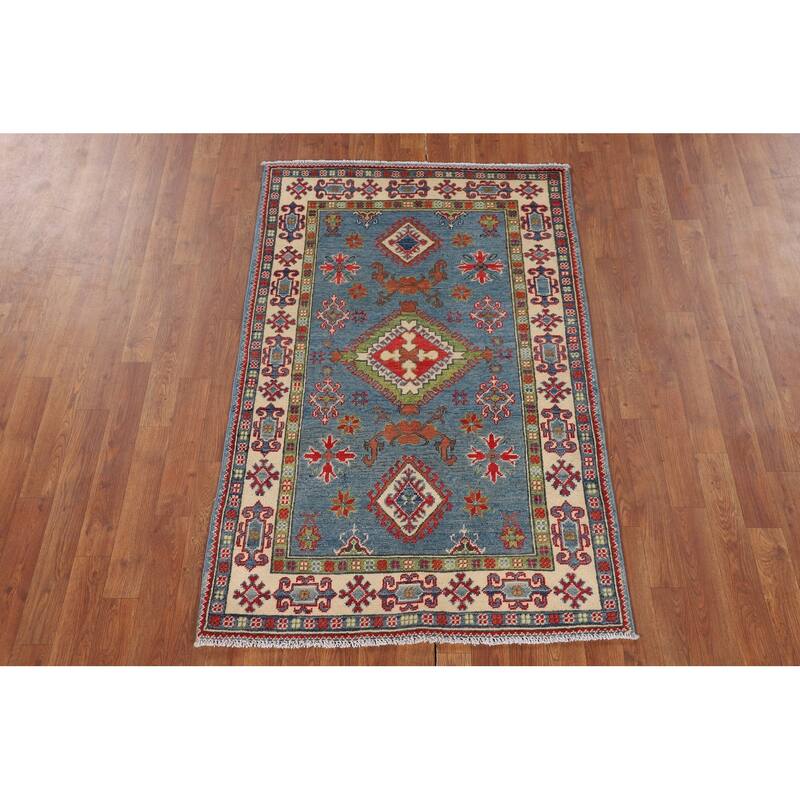 Light Blue Geometric Kazak Rug Hand-Knotted Wool Carpet - 3'3" x 4'11"