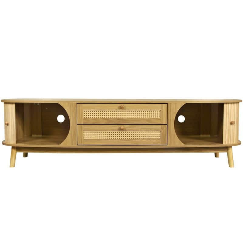 75-inch Rattan TV Stand - Modern Farmhouse Media Console with Solid Wood Legs