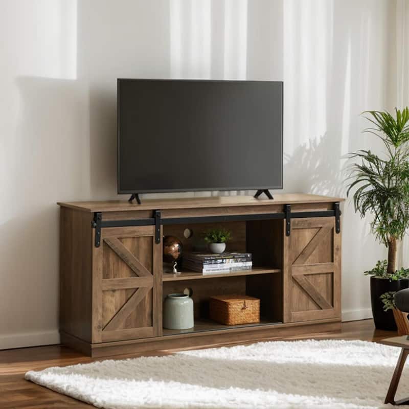 Homy Casa 58'' Farmhouse TV Stand. Sliding Barn Doors, Storage Cabinet - Brown
