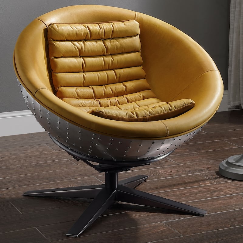 Top Grain Leather Accent Chair in Turmeric and Aluminum
