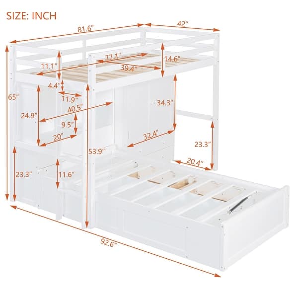 dimension image slide 1 of 2, Twin Bunk Bed with Wardrobe, 6-Drawers, Hydraulic Lift Storage and Shelving, Space-Saving Design for Kids or Guest Rooms, White