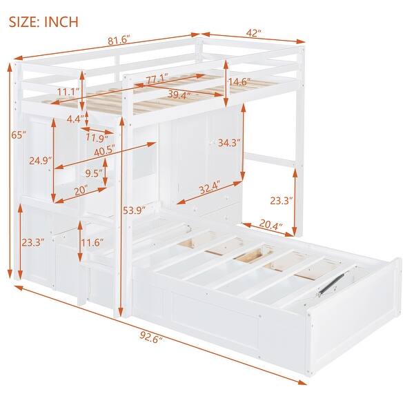 dimension image slide 1 of 3, Twin Size Hydraulic Storage Bed with Drawers, Wood Bunk Bed Frame with Wardrobe, Shelves, Ladder and Guardrails for Kids, Teens
