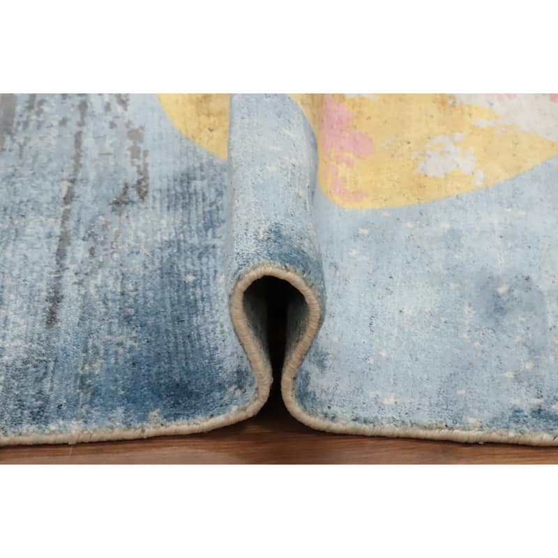 Hand Knotted Oriental Viscose Silk Carpet Modern Pictorial Navy Blue & Blues Abstract Area Rug - 8' 0'' X 5' 0''