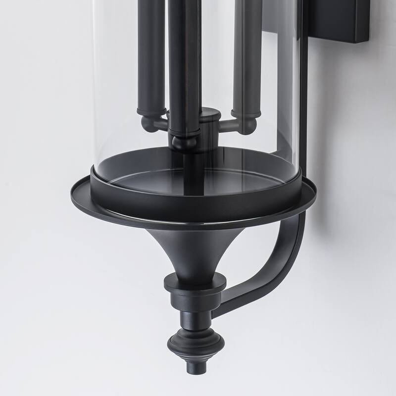 32.7" H 3-Light Industial Black Outdoor Hardwired Wall Lantern Sconce with Cylindrical Clear Glass for Home Outside