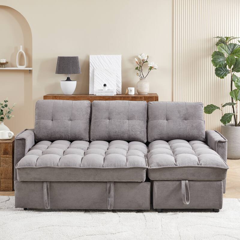 L-Shaped Reclining Sofa with Pull-Out Bed, USB Charging Ports and Storage, Arm Side Organizer for Living Room Comfort