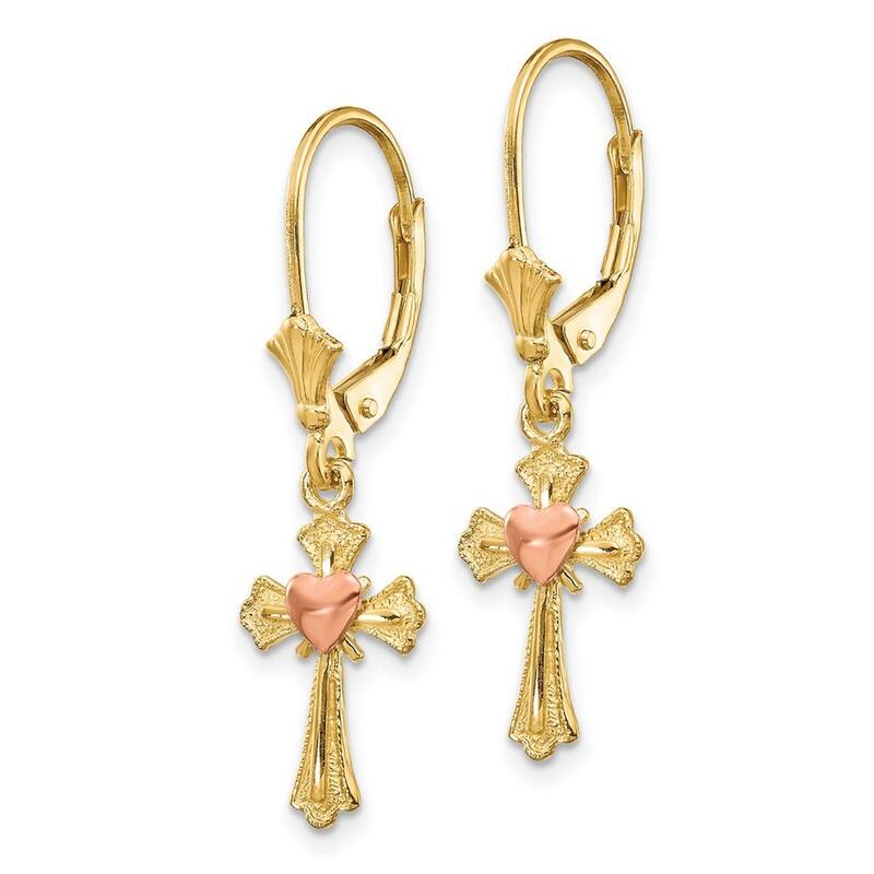 Curata 10k Two Tone Gold 32x9mm Love Heart Cross Leverback Earrings
