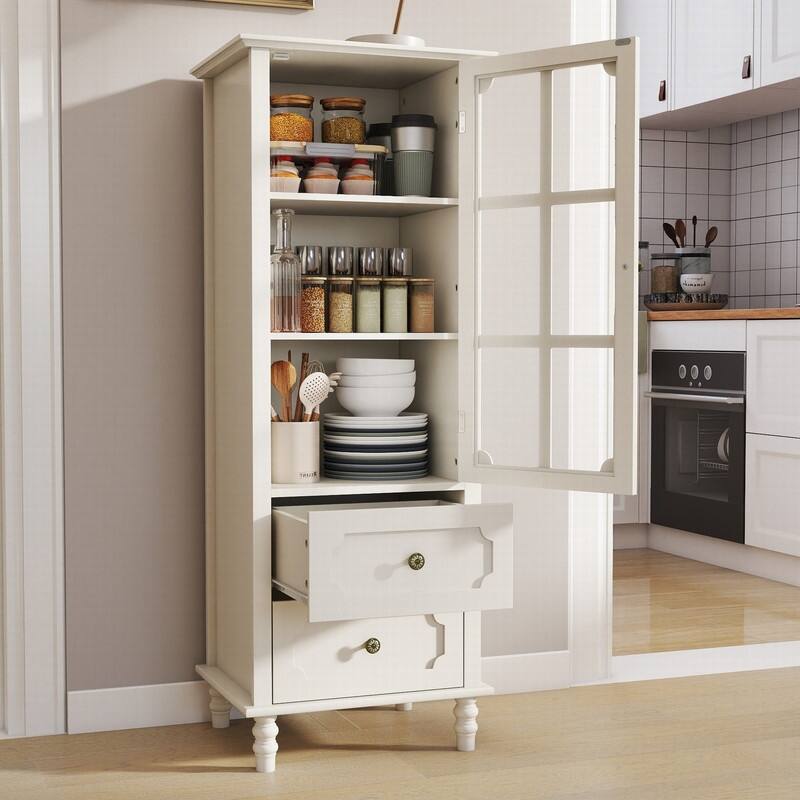 Modern 52.36" Wooden Buffet Cabinet with Glass Doors and Double Drawer for Living room, Dining Room Hallway Entryway