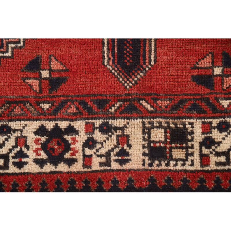 Geometric Red Ardebil Persian Vintage Runner Rug Handmade Wool Carpet - 3'6"x 10'7"