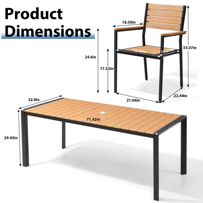 7-Piece Outdoor Patio Dining Set Wood Like Table Top Aluminum Rectangular Umbrella Hole Table with Stackable Armrest Chairs