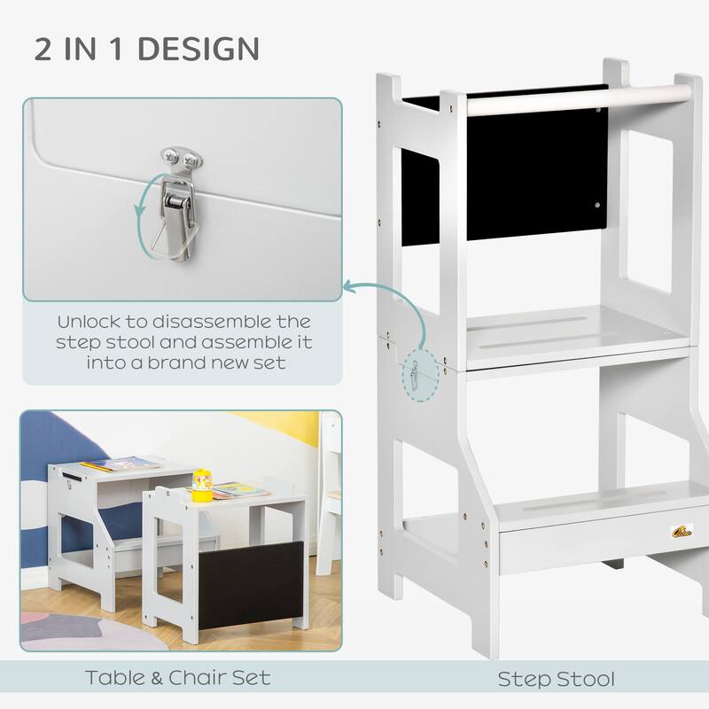 Kids Kitchen Step Stool, 2 in 1 Kitchen Table Set Toddler Standing Tower with Chalkboard, Safety Rail