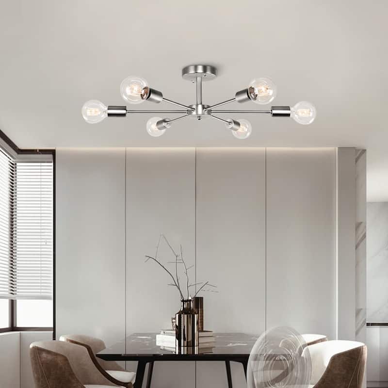 6-Light Modern Industrial Dimmable Sputnik Linear Cluster Semi-Flush Mount Light
