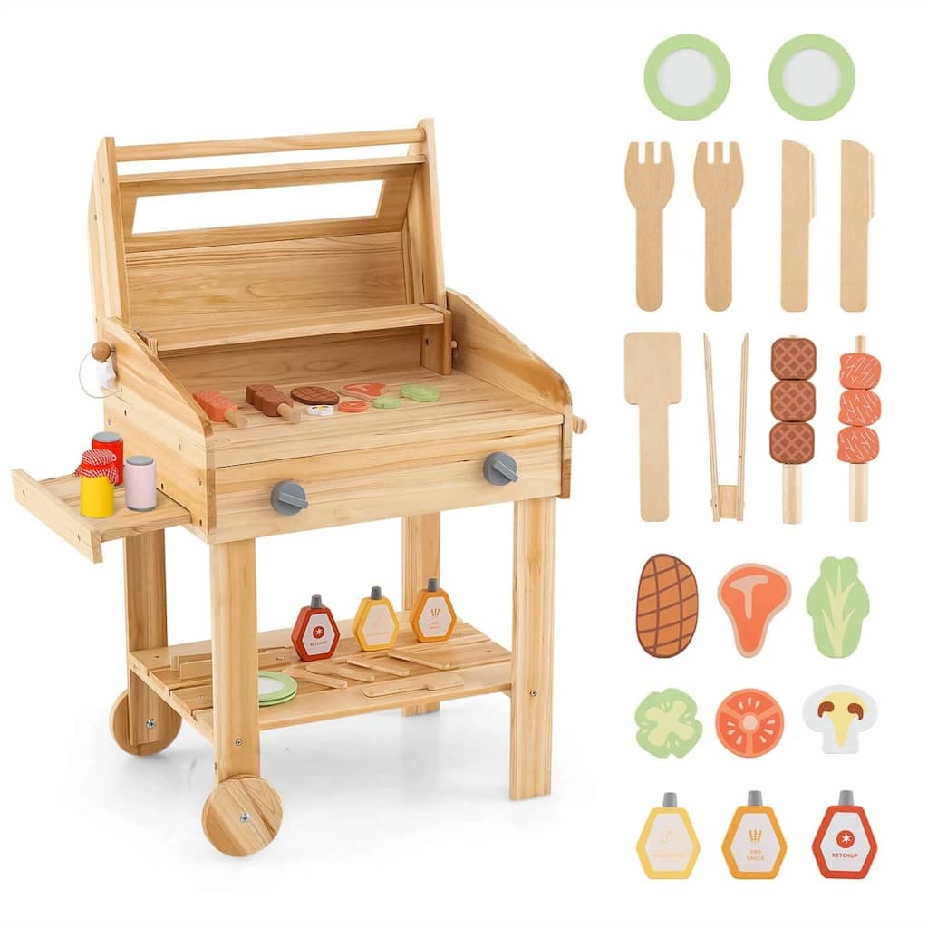 Kids Wooden BBQ Grill Playset with Accessories Side Trays and Storage Natural Pretend Outdoor Cooking Toy