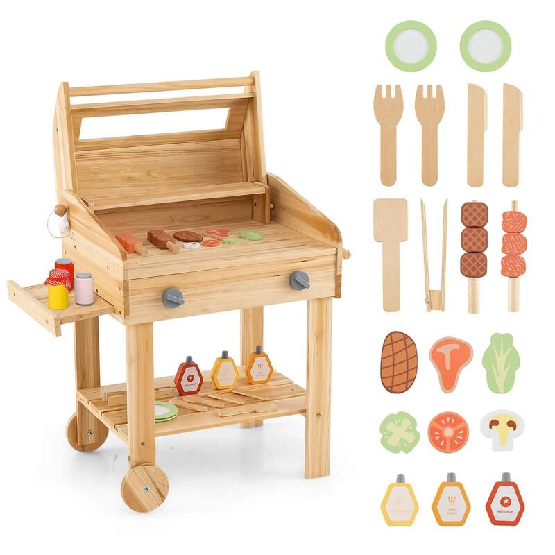 Kids Wooden BBQ Grill Playset with Accessories Side Trays and Storage Natural Pretend Outdoor Cooking Toy - Natural