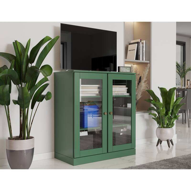 Palace Imports 100% Solid Wood TV Stand with Clear Glass Doors for TVs up to 32" - Green