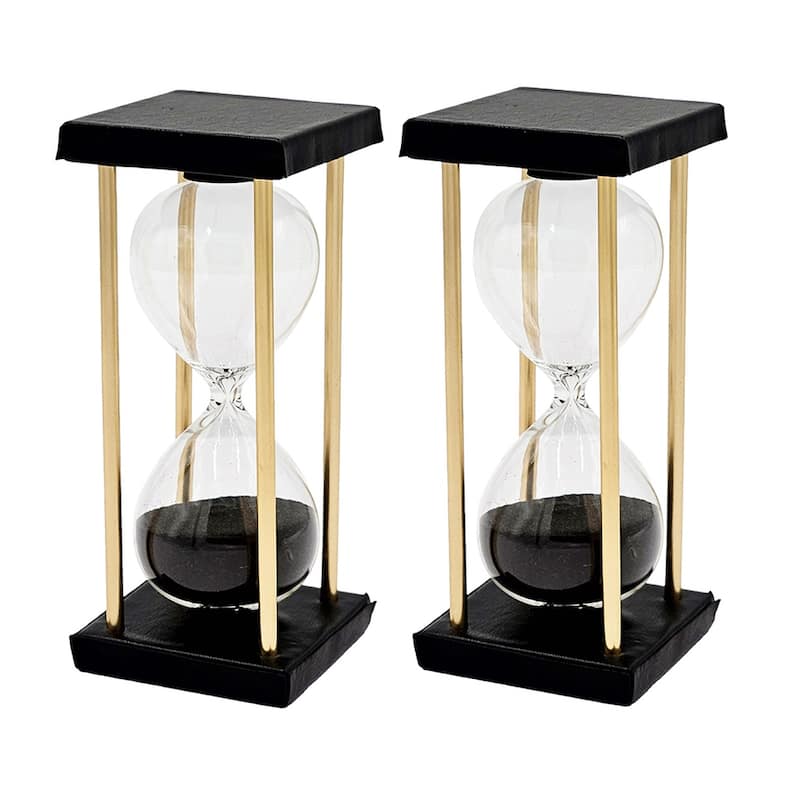 Set of 2, 3x3x7" Stanley 15-minute Hourglass, Framed with an Metal stand, Black