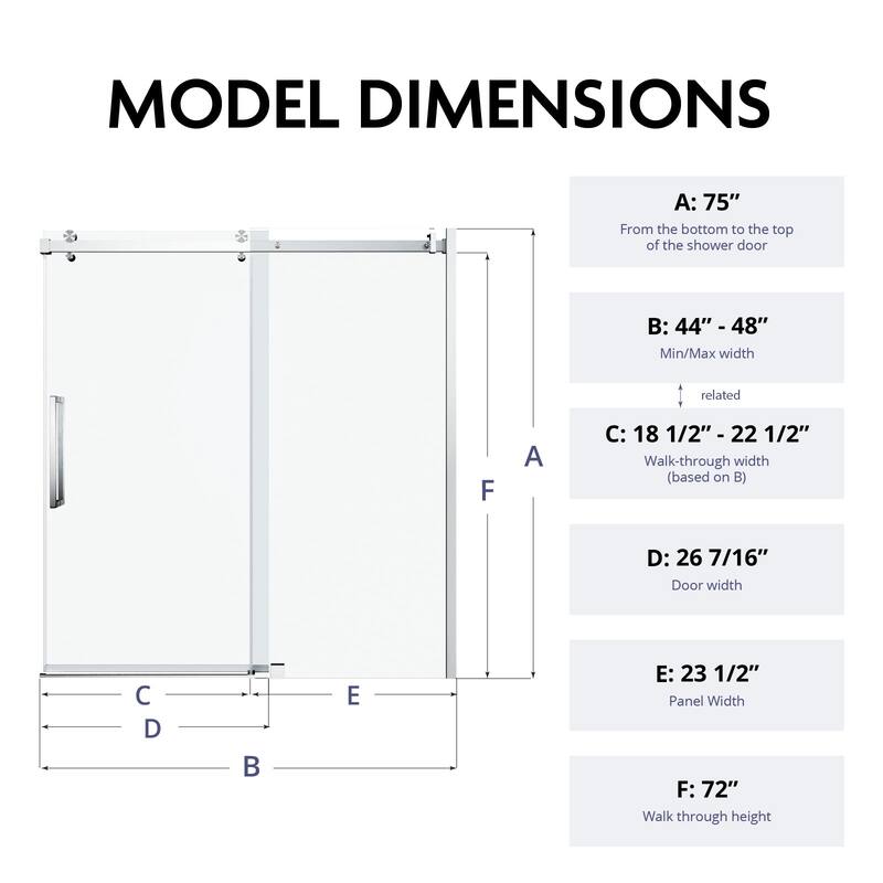 Glassic SI Series 44" - 48" W x 75" H Contemporary Frameless Single Sliding Shower Doors With 3/8" Clear Tempered Glass