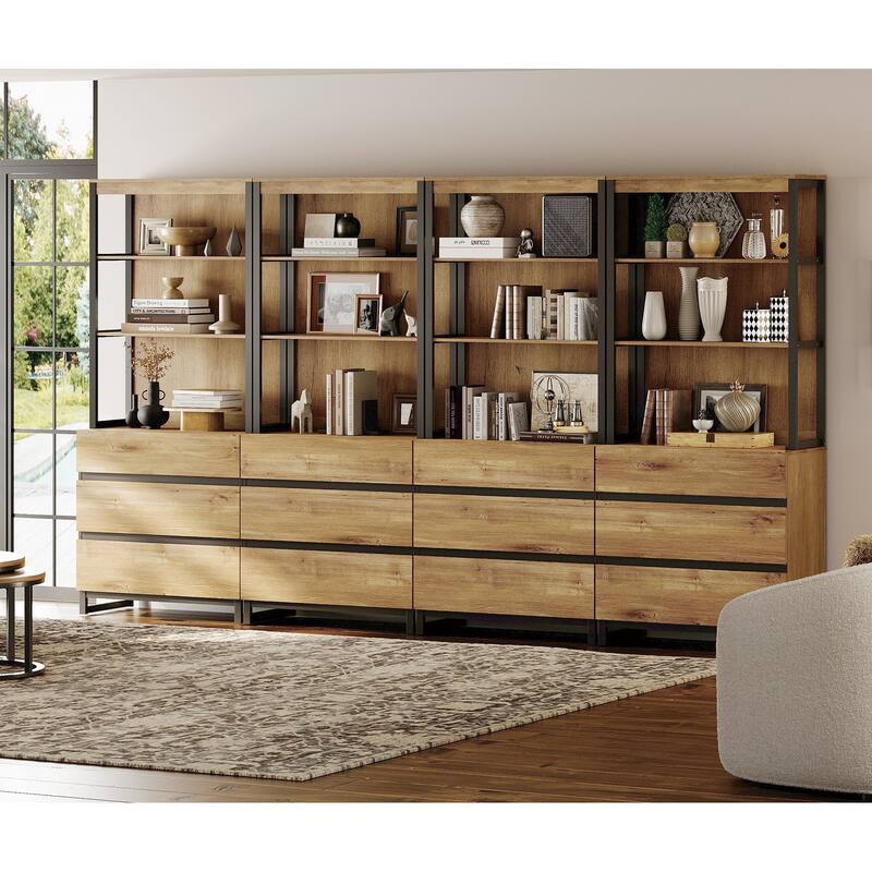 WAMPAT Modern 72" Tall Bookcase with Drawers and Open Book Shelfs, Library Book Shelf for Home Office, Living Room