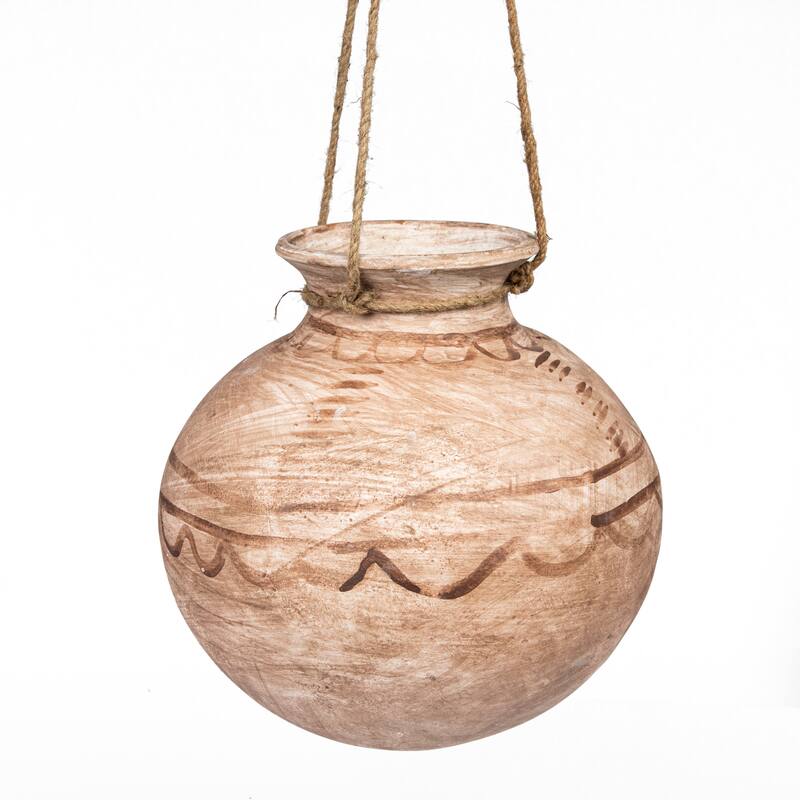 Clay Planter Pot with Painted Design and Jute Rope, Terra-cotta - Orange