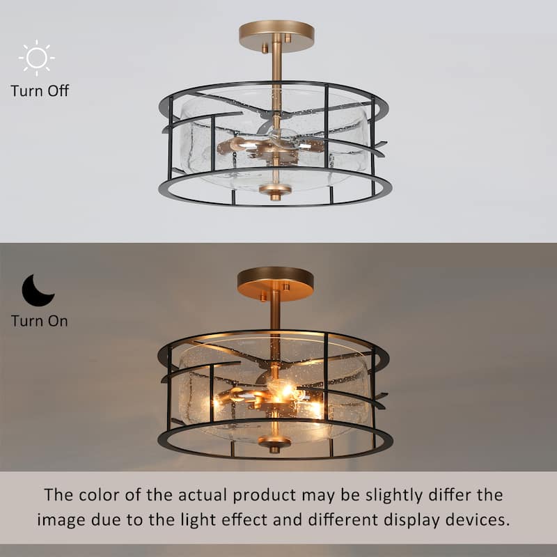 3-Light Black Gold Modern Drum Semi Flush Mount Seeded Glass Ceiling Lights - 14 " D × 13 " H
