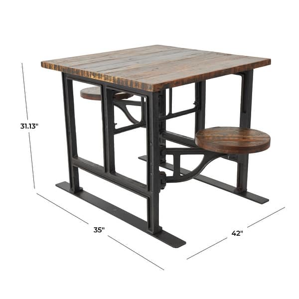 dimension image slide 1 of 2, Brown Teak Wood Dining Table with Two, Four or Eight Attached Seats