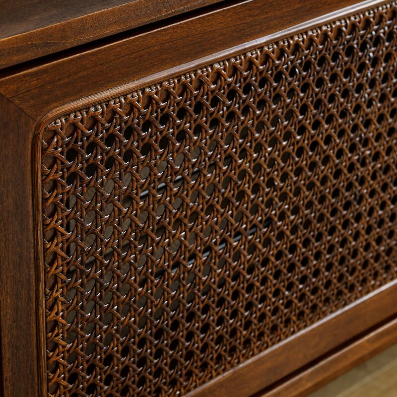 59" Dark Wood TV Stand with Rattan Sliding Doors, Boho Media Console with Solid Wood Legs & Adjustable Feet