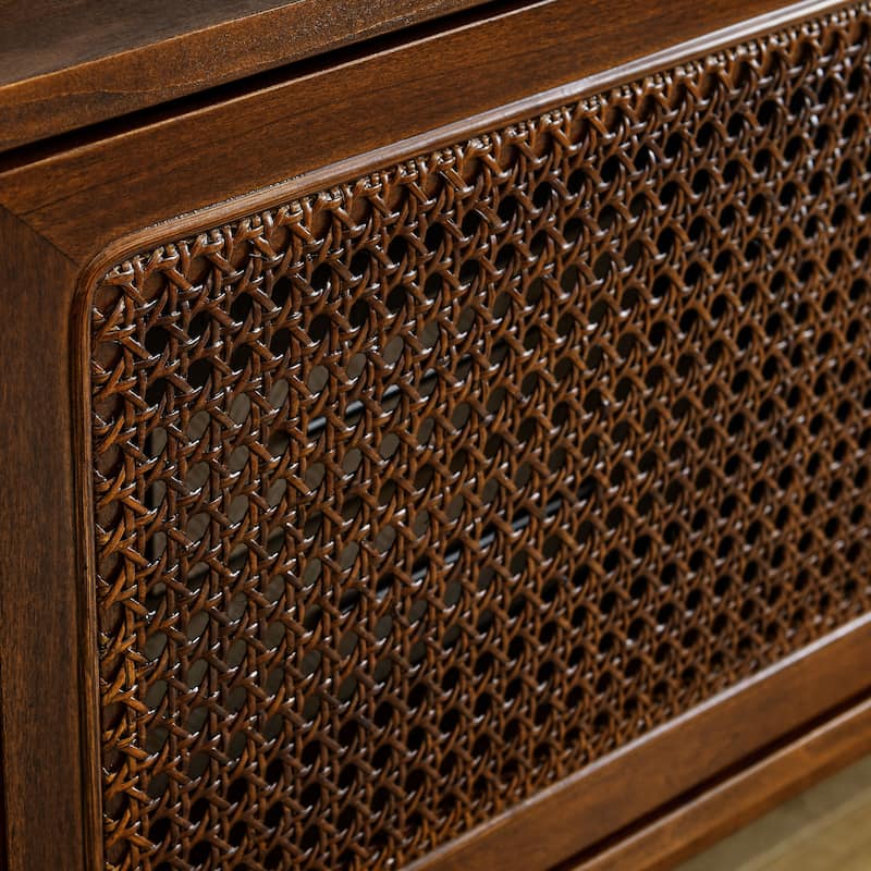 Walnut 59" TV Stand with Open Shelves & Rattan Doors for TVs Up to 65"