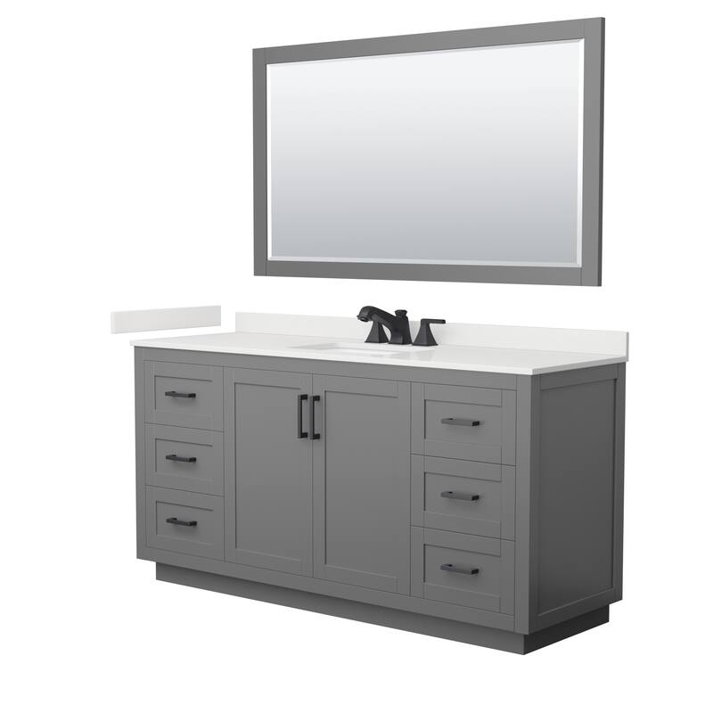 Miranda 66-inch Single Vanity, Quartz Top, 58-inch Mirror - Dark Gray, Black Trim, White Quartz Top