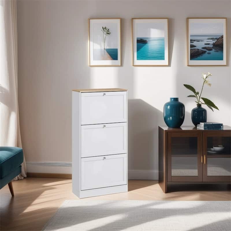 Narrow Shoe Storage Cabinet with 3 Flip Drawers and Adjustable Shelves - N/A - White