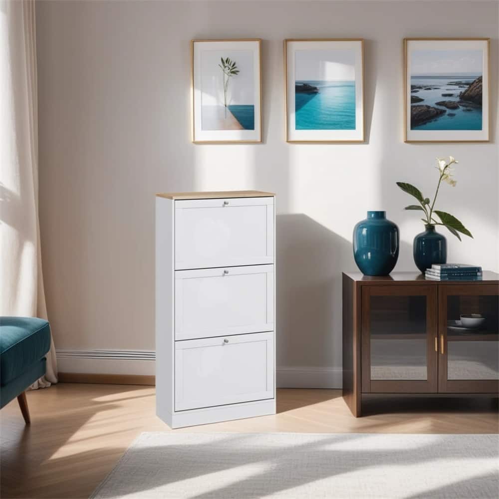 Narrow Shoe Storage Cabinet with 3 Flip Drawers and Adjustable Shelves - N/A